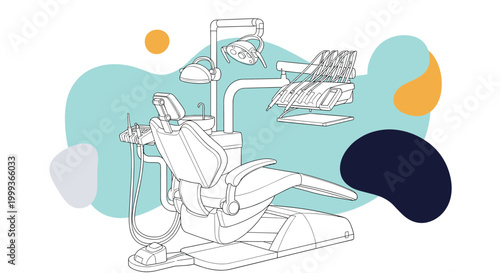 Technical line drawing of a modern dental treatment unit with a patient chair and medical equipment used in professional dentistry.