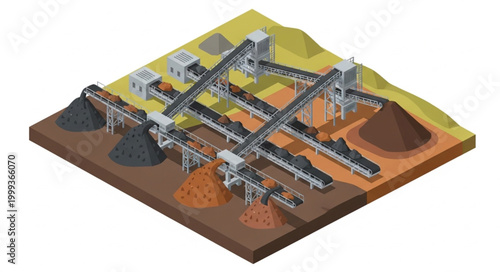 Industrial mining processing plant with conveyor belts and machinery.