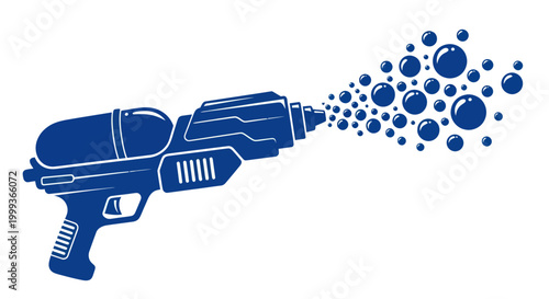 Blue water gun shooting bubbles, isolated on white background