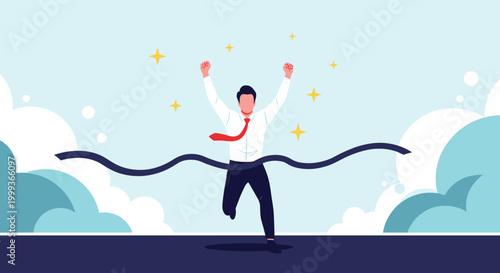 Businessman in a white shirt and red tie crossing the finish line of a race with his arms raised, celebrating a career achievement.