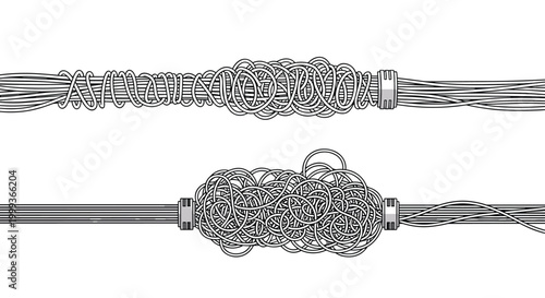 Tangled wires and cables in two different messy states illustrating lack of organization and complicated electrical connections.