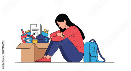 Sad woman sitting on the floor with her head down next to a cardboard box filled with office supplies after being fired from her job.