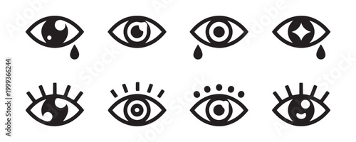 Black and white line art eyes showing emotions like crying and sparkling with eyelashes and pupil details.