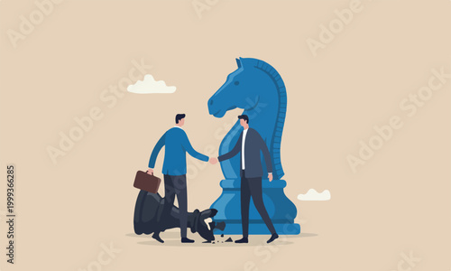 Negotiation or partnership decision, collaboration strategy to success together concept, businessman leader shaking hand on knight chess metaphor agreement