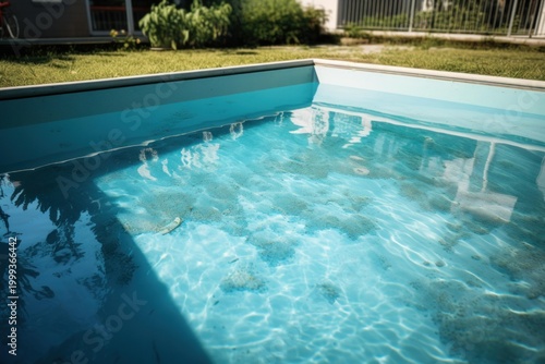 Clear water surface reflecting sunlight in a prefabricated garden pool during a sunny summer day