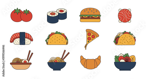 Flat lay illustration featuring a variety of colorful food icons including sushi, pizza, tacos, and salad against a clean white background, conveying a playful and appetizing mood