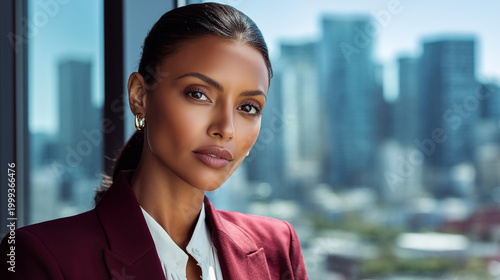 Confident black woman in business suit posing by window in office  