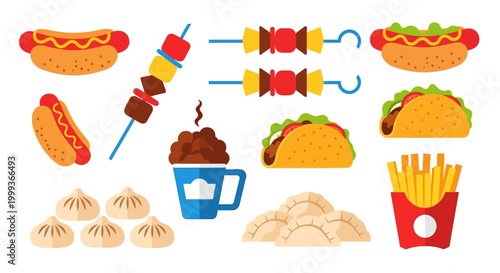 Flat lay illustration of a colorful collection of fast food items including hot dogs, kebabs, tacos, fries, dumplings, and a chocolate drink, displayed against a clean white background