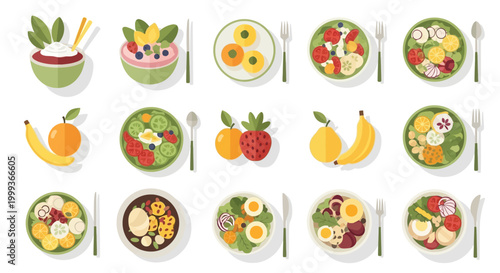 Overhead flat lay displays a vibrant assortment of fruit and salad bowls, each meticulously arranged with colorful ingredients on plates and bowls, creating a fresh and healthy culinary