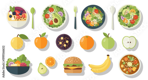 Overhead flat lay featuring an assortment of vibrant healthy food options like salads, fruits, and a burger, presented on a clean white background with a bright and colorful aesthetic
