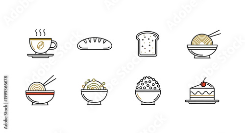 Vector illustration showcases various food icons, including coffee, bread, toast, and noodle bowls, arranged in a neat row against a clean white background with a minimalist and modern