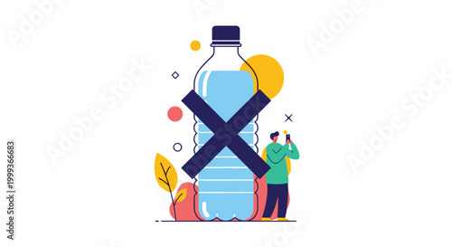 Concept illustration showing a large plastic water bottle with a dark cross over it to represent the ban or reduction of single-use plastics.