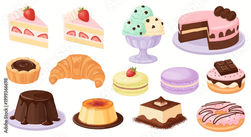 A delectable assortment of pastries is presented in a vibrant, colorful illustration against a white background, showcasing a variety of cakes, croissants, and tarts with a cheerful