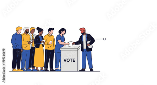 Diverse group of citizens standing in a queue to cast their ballots into a white voting box for an election event.