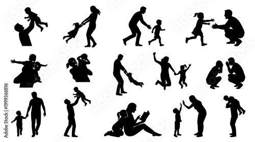Silhouettes of Happy Families - Parents Playing with Children, Black  White