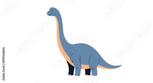 Full body illustration of a friendly long-necked dinosaur with blue skin and an orange belly standing on a white background.