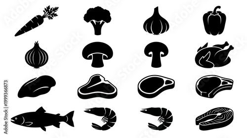 Black and White Glyph Icons of Food Ingredients and Meats