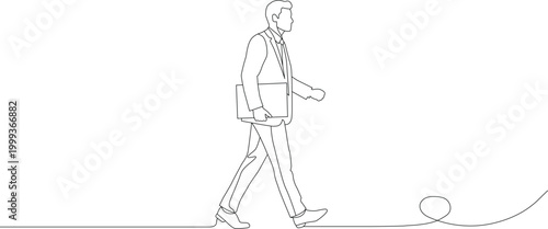 Businessman walking with folder in continuous line art style. Simple outline editable stroke. Minimal line width. Hand made doodle vector illustration