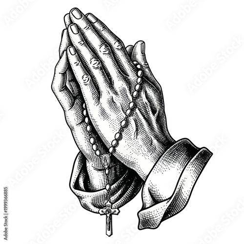 Praying Hands with Rosary Beads, Religious Symbol, Faith, Spirituality, Christian Prayer