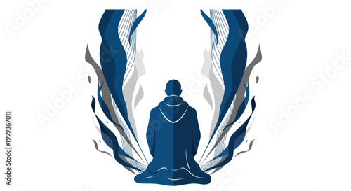 Silhouette of Person Meditating, Spiritual Awakening, Inner Peace, Abstract Waves