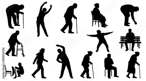 Senior Lifestyle  Health: Elderly People Aging Silhouettes Vector Set