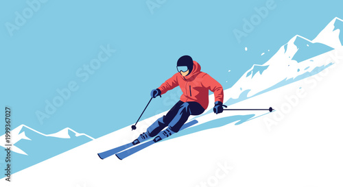 Athletic person wearing a red jacket and blue pants skiing down a steep snowy mountain slope against a clear blue sky.