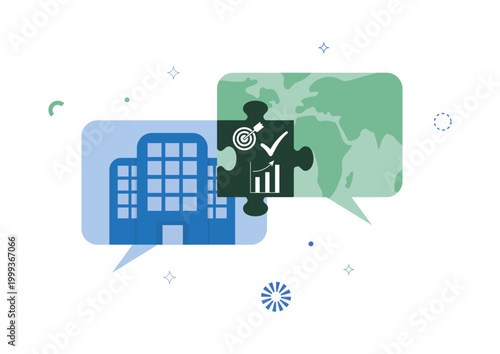 Double materiality analysis showing dialogue between business and environmental perspectives. Central puzzle represents ESG decision making and prioritization in sustainability strategy. Vector