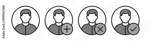 User avatar with plus, minus, and check mark icons, vector set, profile status, confirmation graphic.