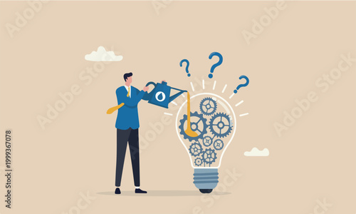 Maintenance to invent new business ideas concept, businessman drop lubricant or grease into open lightbulb with mechanical gears