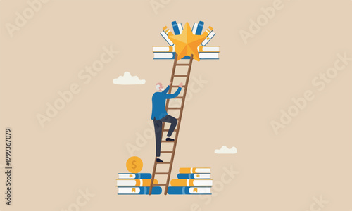 Retirement retiree or success retirement life concept, elderly senior retired man climbing up ladder to the top high into the sky to grab the star