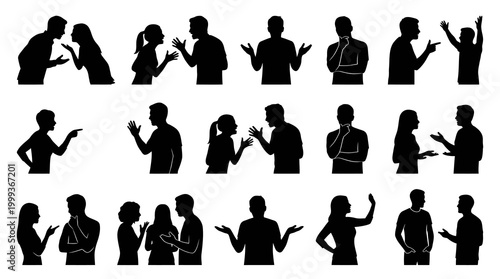 Communication People Silhouettes Vector Illustration - Discussion, Argument, Thinking, Gestures