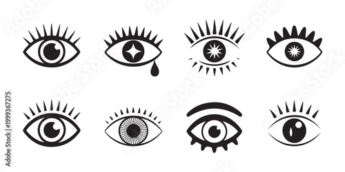 Diverse set of expressive eye icons with eyelashes including crying and mystical styles for visual works.