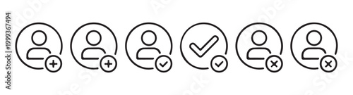 Set of circular profile icons with add plus check mark and remove cross symbols for online account management.