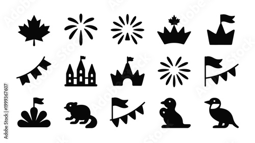 Collection of canadian themed vector icons including maple leaves fireworks crowns castles flags bunting beavers and ducks representing national symbols and celebration elements