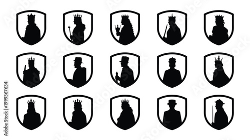 Collection of diverse royal and noble silhouettes within shield emblems showcasing various crowns and attire representing power authority and heritage in a clean modern graphic