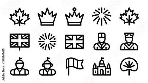 Vector illustration set of 15 icons maple leaf crown union jack flag fireworks guard castle wind flag and tree for national celebration and royalty themes