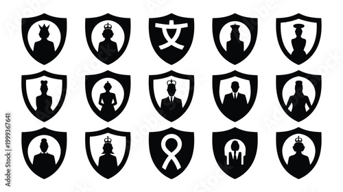 Collection of diverse silhouette icons representing authority royalty achievement and abstract concepts within shield emblems on a clean white background symbolizing protection