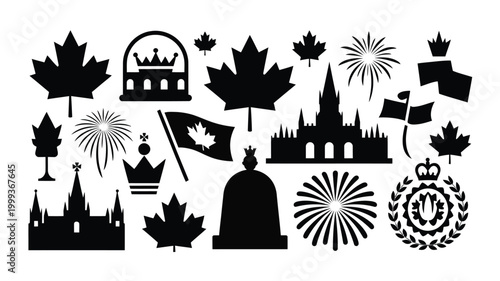 Schilderij op canvas Collection of black canadian icons and symbols featuring maple leaves royal crow