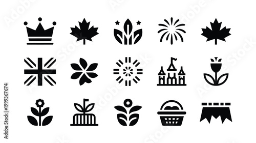 Collection of diverse black vector icons representing celebration nature royalty and national symbols presented on a clean white background with sharp modern graphic design