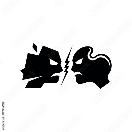 Two stylized heads facing each other with a lightning bolt between them symbolizing conflict.