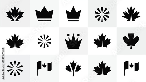 Collection of minimalist black icons canadian maple leaf royal crown and abstract starburst symbol on a clean geometric grid background representing national identity authority