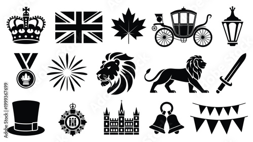 Collection of royal and national symbols crown union jack flag maple leaf carriage lantern medal firework lion sword top hat emblem castle bells and bunting for british
