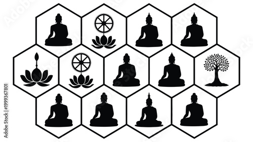 Collection of minimalist black silhouette icons featuring buddha meditating dharmachakra wheels lotus flowers and a tree of life arranged within a hexagonal grid pattern