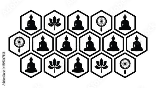 Collection of minimalist black and white icons featuring serene buddha silhouettes in meditation poses lotus flowers and dharma wheel symbols arranged in a honeycomb pattern