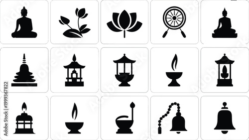 Collection of buddhist cultural symbols and icons arranged in a clean grid layout featuring meditating buddha silhouettes lotus flowers dharma wheel stupas lanterns oil lamps