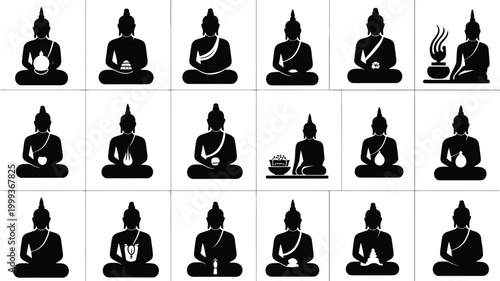 Collection of diverse black buddha silhouettes in meditation poses representing spirituality enlightenment and serenity arranged in a grid format with subtle variations in mudras