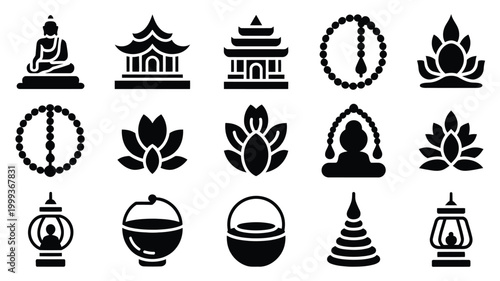 Collection of diverse black silhouette icons representing buddhism spirituality meditation and eastern culture including buddha statues temples lotus flowers prayer beads
