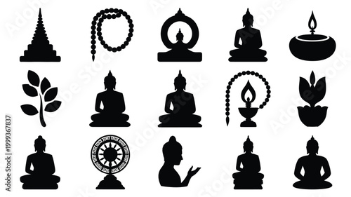 Collection of buddhist symbols and icons in silhouette pagoda prayer beads buddha statues in meditation lotus flower dharma wheel and oil lamp for spiritual and religious concepts