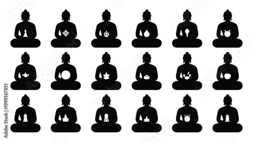 Collection of 15 black silhouettes of meditating buddha statues in lotus pose each holding a different symbolic object like lantern candle lotus flower or bowl against a clean