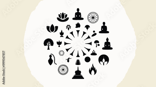 Collection of black buddhist and spiritual icons arranged in a mandala circle on a subtle beige gradient background representing enlightenment peace and meditation ideal